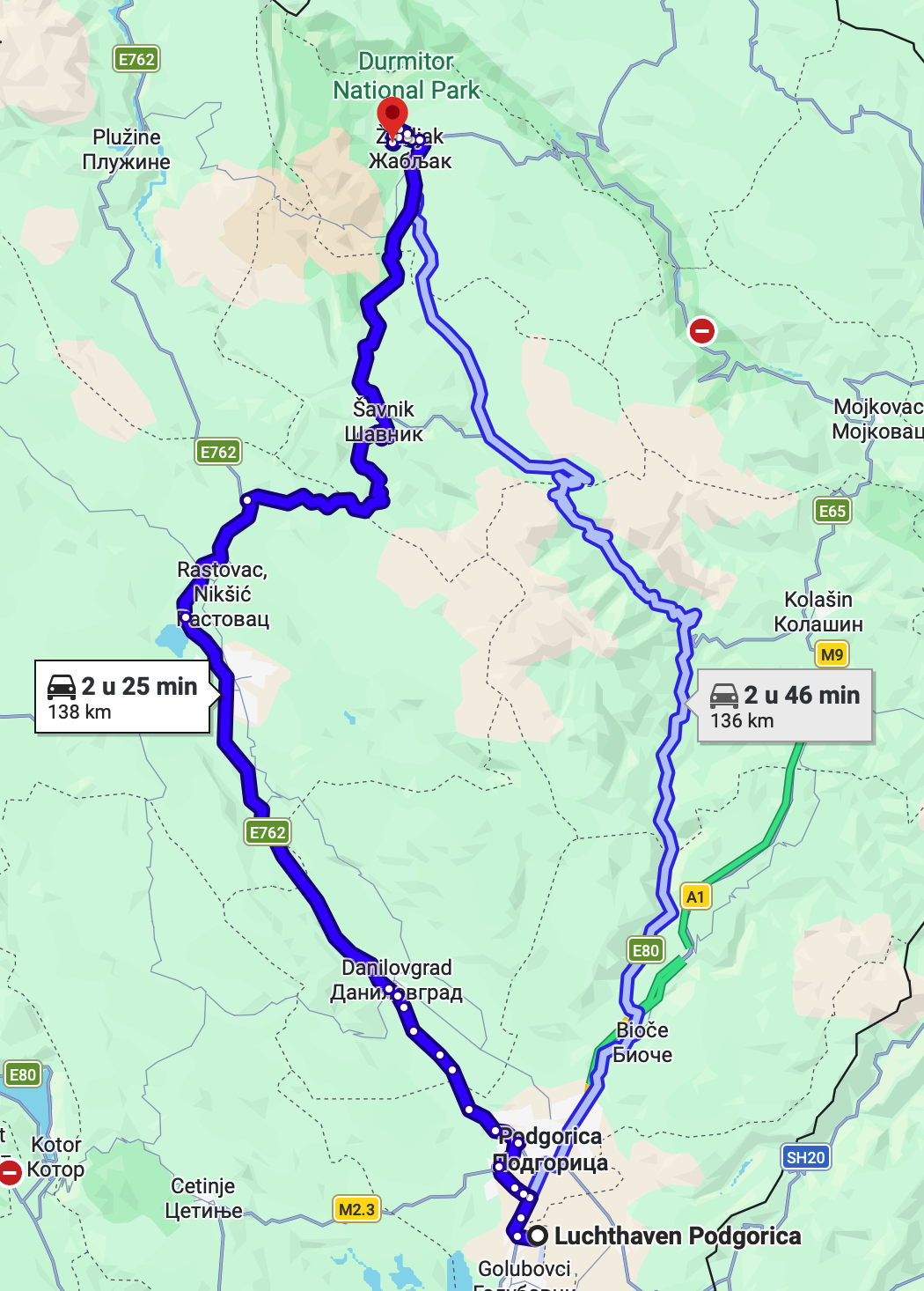 Routekaart van de rondreis door Montenegro